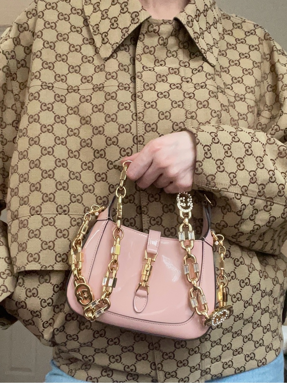 NWT Gucci mini Jackie 1961 bag in pink patent leather with rem crystal chain str
